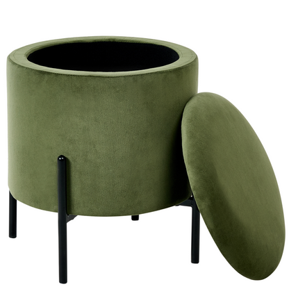 Dark Green Storage Pouffe With Wooden Base
