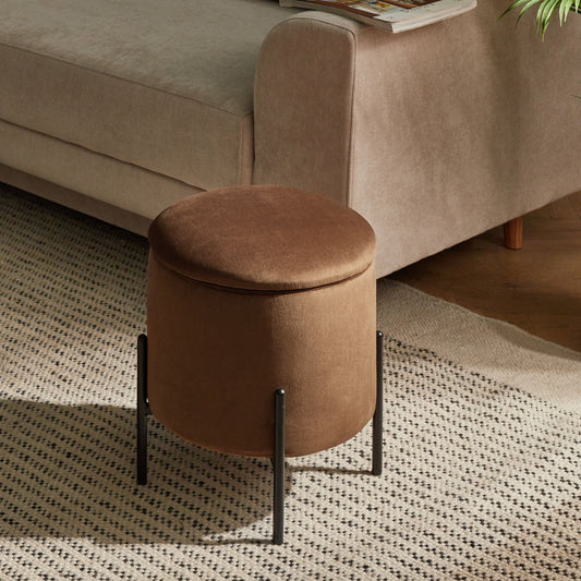Storage Pouffe Dark Brown Velvet Upholstered With Wooden Base