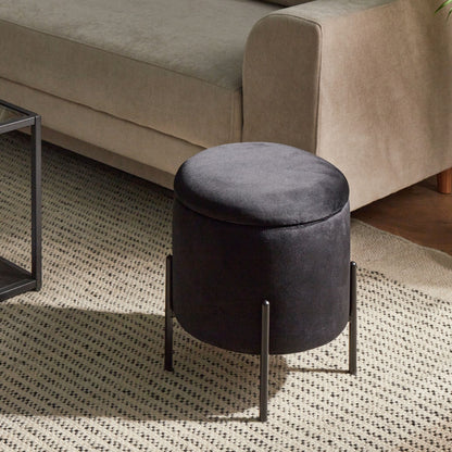 Storage Pouffe Black Velvet Fabric Upholstered Round Footstool With Hidden Storage Wooden Base