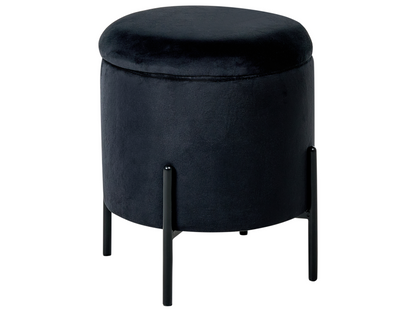 Storage Pouffe Black Velvet Fabric Upholstered Round Footstool With Hidden Storage Wooden Base