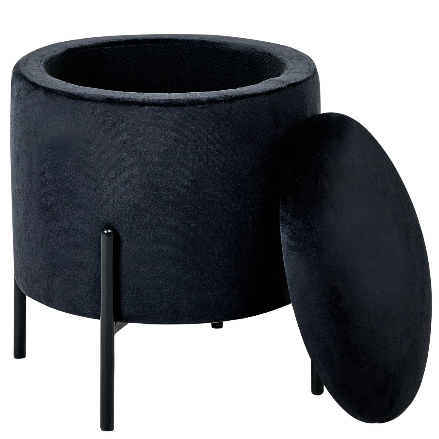 Storage Pouffe Black Velvet Fabric Upholstered Round Footstool With Hidden Storage Wooden Base