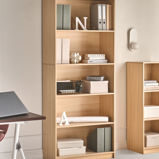 5 Tier Bookcase Light Brown Particle Board Matte Finish Minimalist Bookshelf