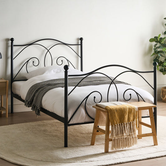EU Panel Bed 4ft Black Metal Frame Slatted Base Retro