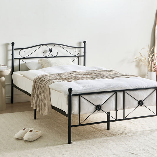 EU Double Panel Bed 4ft Black Metal Frame With Slatted Base Retro