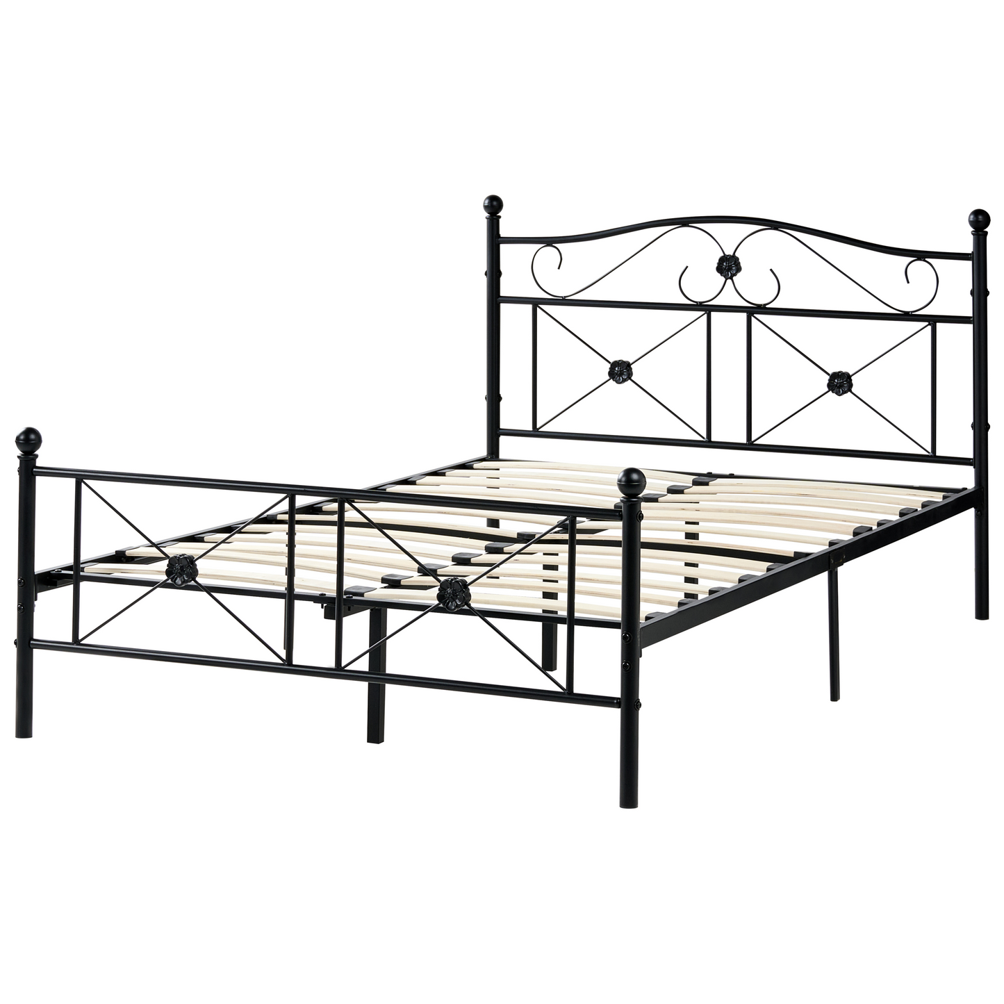 EU Double Panel Bed 4ft Black Metal Frame With Slatted Base Retro