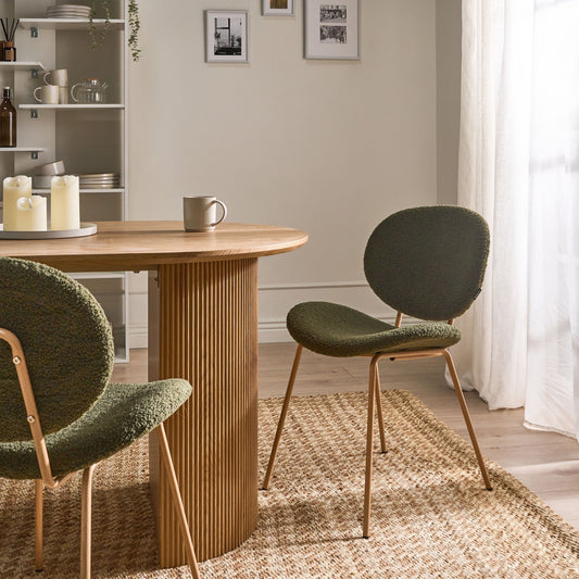 Dark Green Boucle Dining Chairs Set of 2 Wood Look Iron Legs