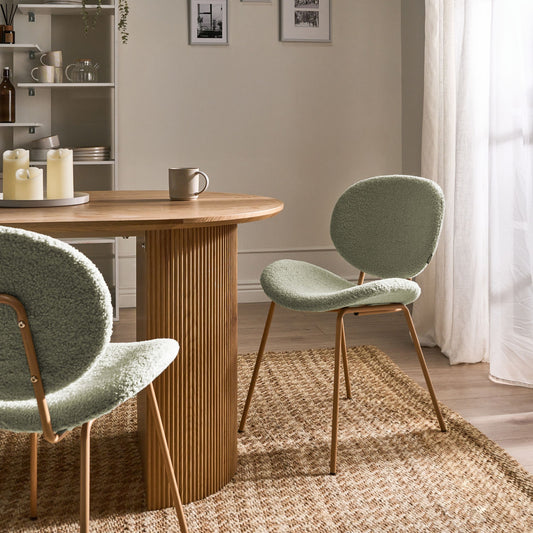 Light Green Boucle Armless Dining Chairs Set Of 2 With Wood Like Iron Legs