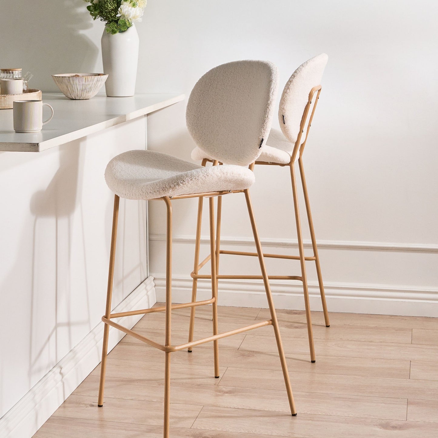 White Boucle Bar Chairs Set of 2 With Wood Like Iron Legs