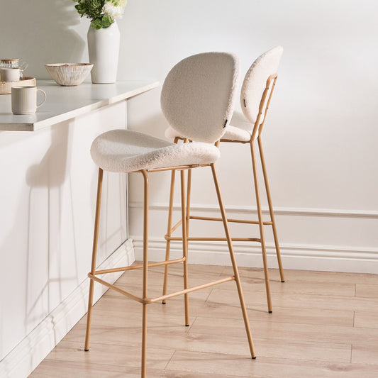 White Boucle Bar Chairs Set of 2 With Wood Like Iron Legs