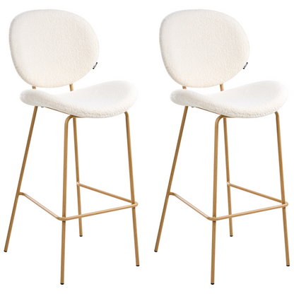 White Boucle Bar Chairs Set of 2 With Wood Like Iron Legs
