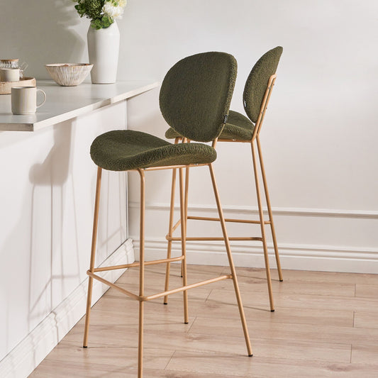 Astra Home Set Of 2 Dark Green Boucle Bar Chairs With Wood Look Iron Legs And Protective Caps
