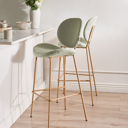 Two Bar Chairs Light Green Boucle With Wood Look Iron Legs
