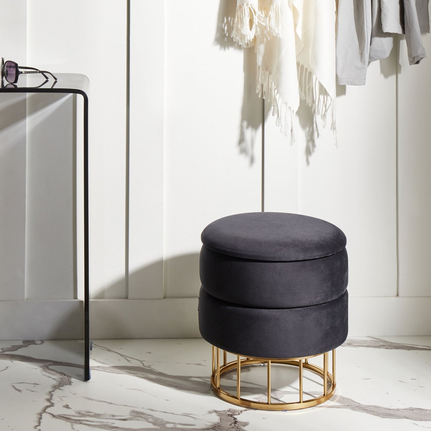 Polyester Velvet Black Storage Pouffe With Gold Base Glamorous Living Room Accessory For Interiors