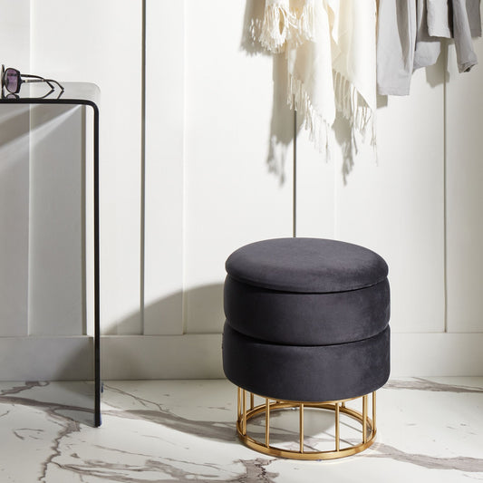 Polyester Velvet Black Storage Pouffe With Gold Base Glamorous Living Room Accessory For Interiors