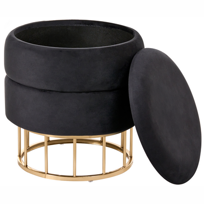 Polyester Velvet Black Storage Pouffe With Gold Base Glamorous Living Room Accessory For Interiors