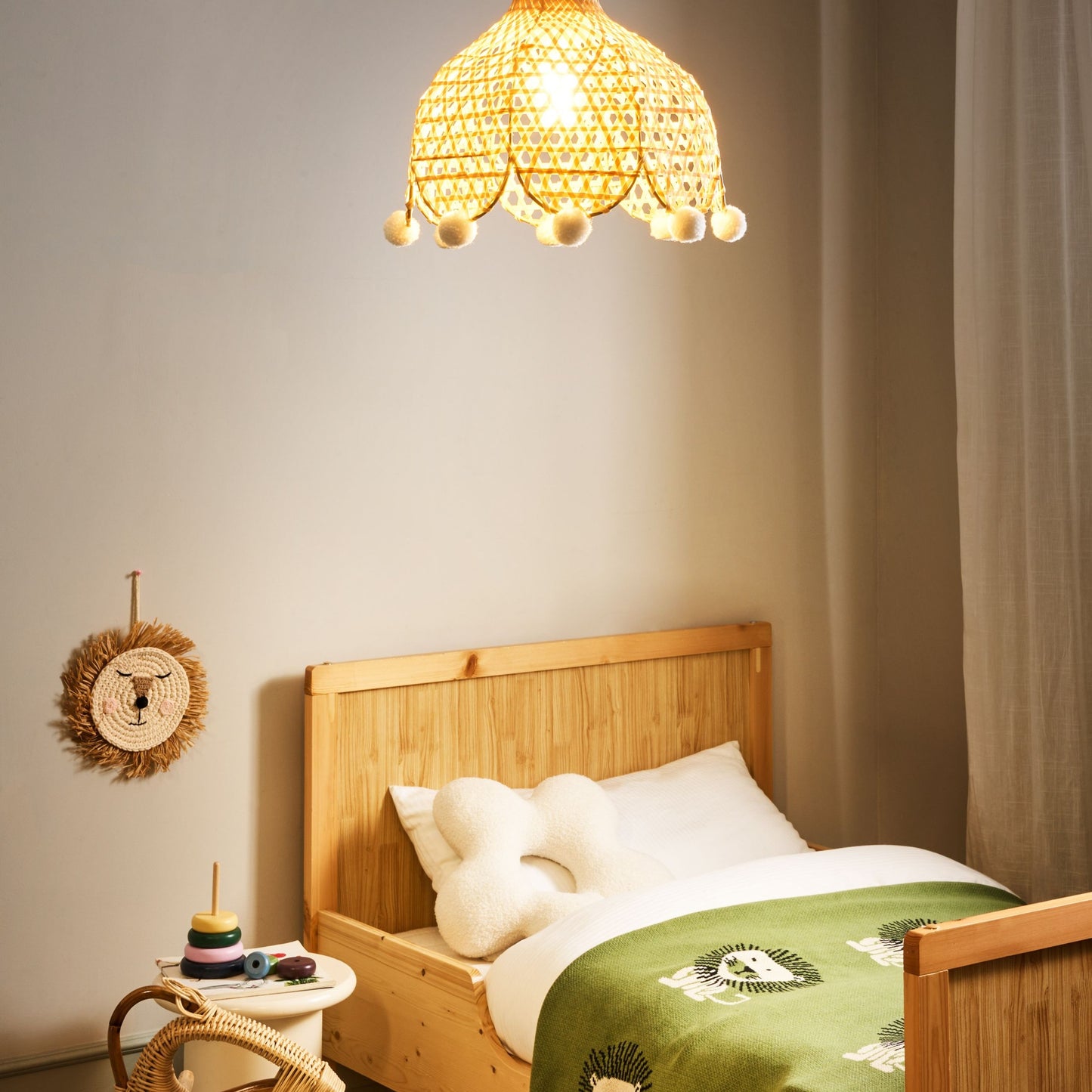 Pendant Lamp Natural Rattan Base Wicker Shade Pom Pom Edge Ambient Light for Living Room