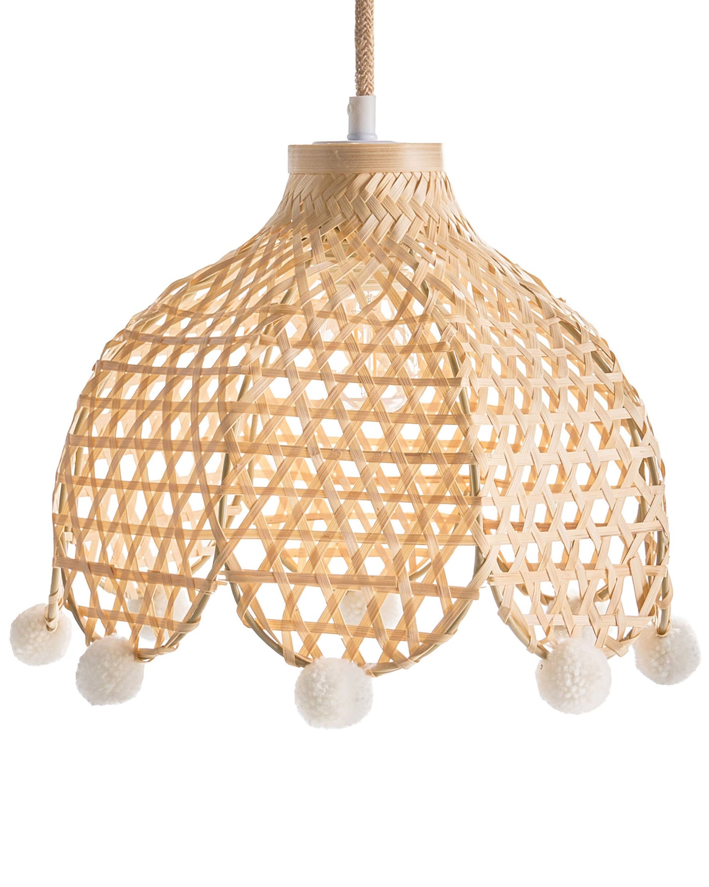 Pendant Lamp Natural Rattan Base Wicker Shade Pom Pom Edge Ambient Light for Living Room