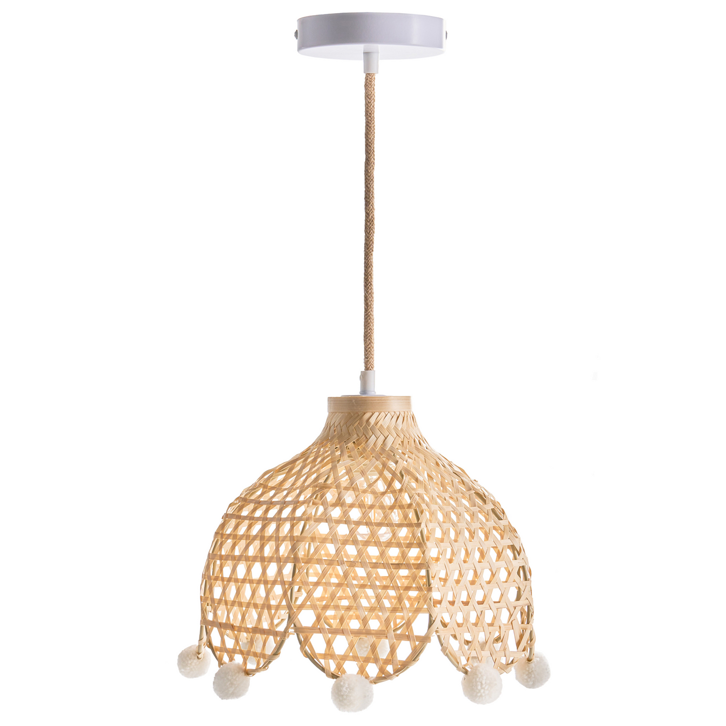 Pendant Lamp Natural Rattan Base Wicker Shade Pom Pom Edge Ambient Light for Living Room