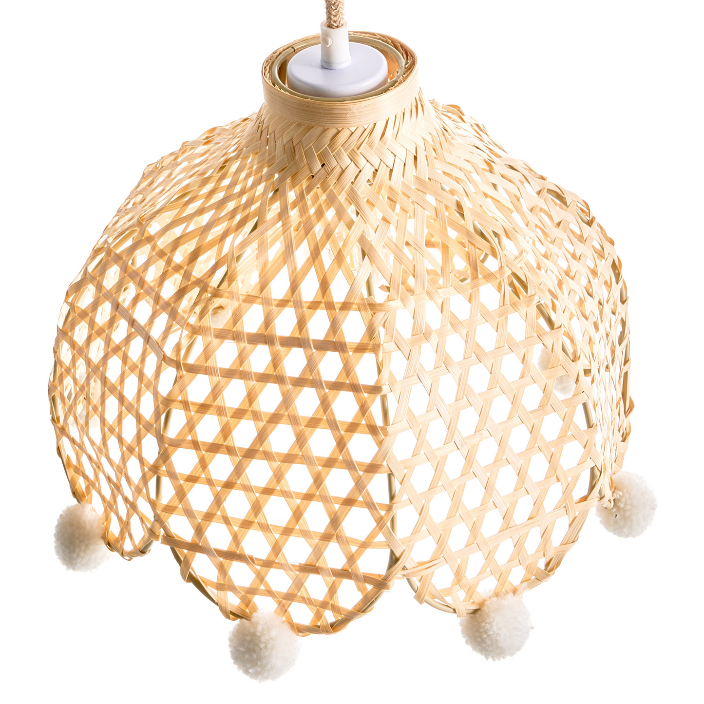 Pendant Lamp Natural Rattan Base Wicker Shade Pom Pom Edge Ambient Light for Living Room