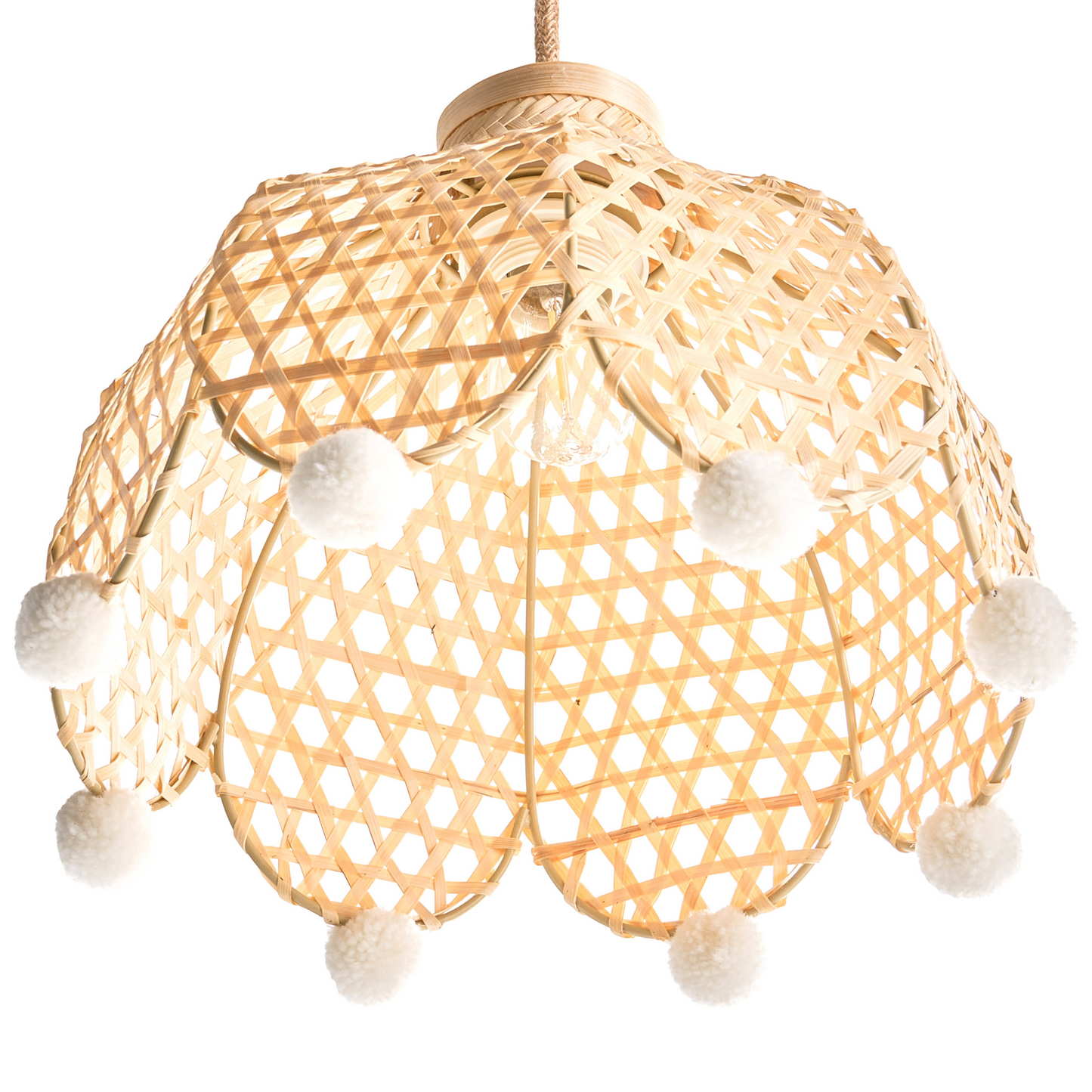 Pendant Lamp Natural Rattan Base Wicker Shade Pom Pom Edge Ambient Light for Living Room