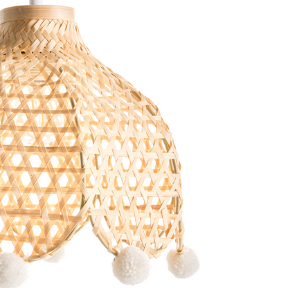 Pendant Lamp Natural Rattan Base Wicker Shade Pom Pom Edge Ambient Light for Living Room