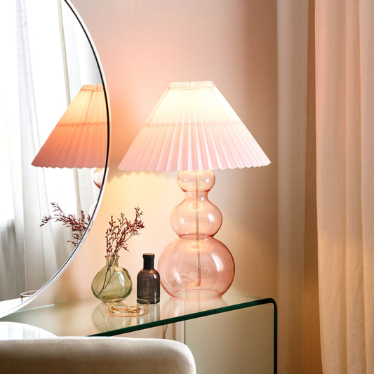 Luma Table Lamp Pink Glass Base With Pleated Fabric Shade