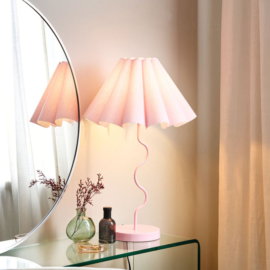 Craft Pink Table Lamp With Wavy Metal Base And Pleated Fabric Shade For Indoor Bedroom Living Room Modern Decor
