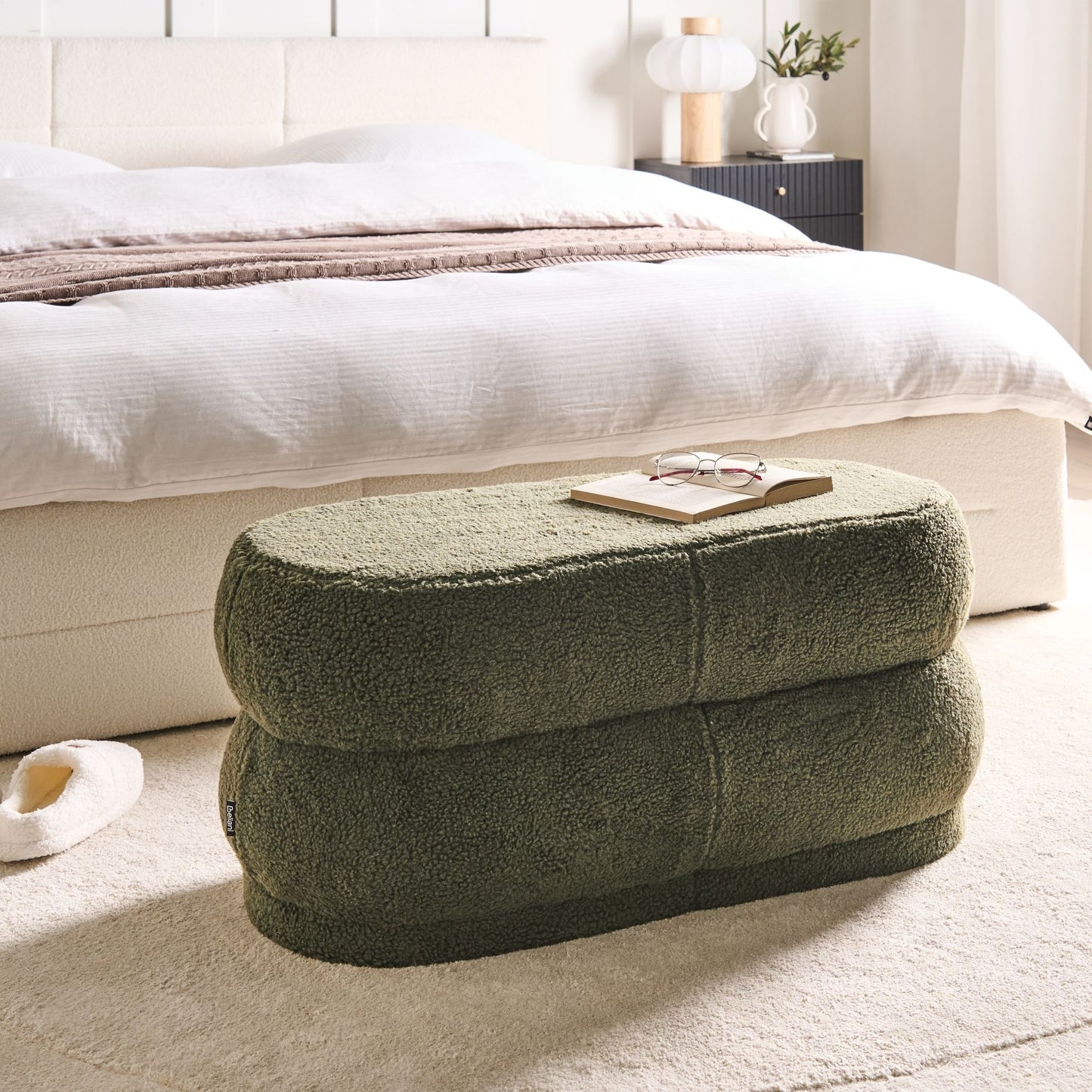 Boucle Green Upholstered Bed Bench Stool