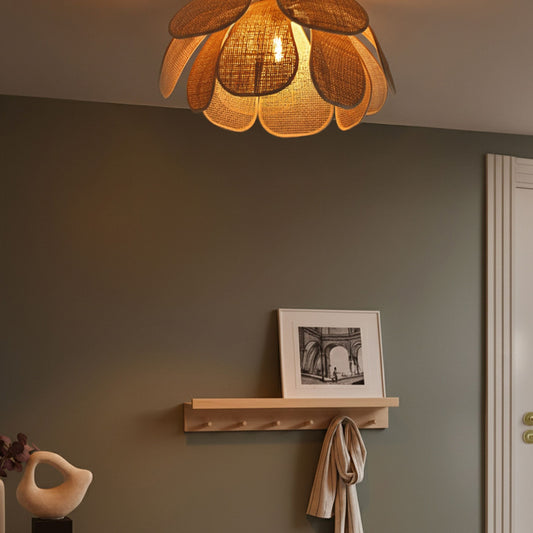 Pendant Lamp Natural Rattan Shade Black Iron Base