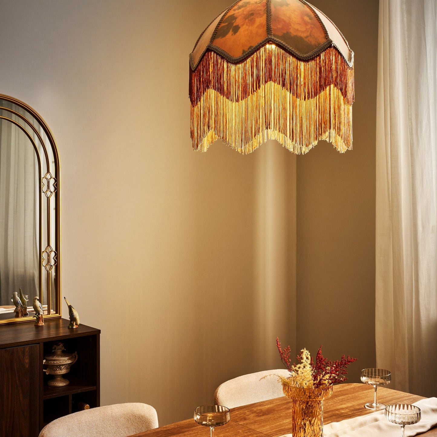 Nostalgia Lighting Pendant Lamp Beige Paper Fabric 182cm Fringed With Tassels Retro Vintage