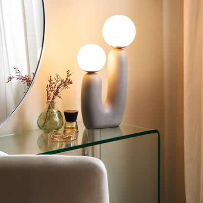 Grey Resin Table Lamp With U Shaped Base And Double Globe Glass Shades Retro