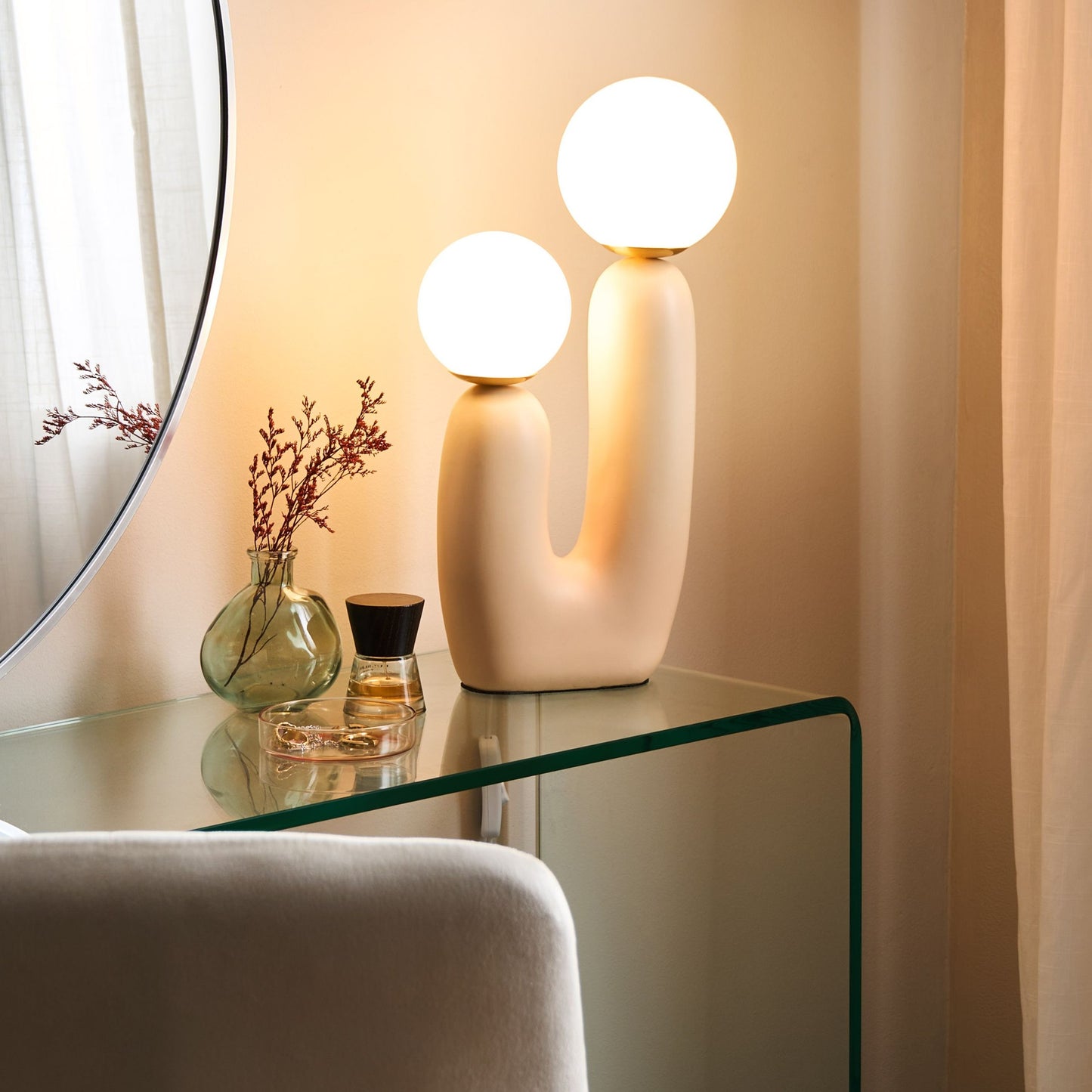 Table Lamp Beige Resin U Shaped Base Double Glass Shades