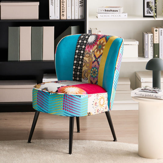 Blue Patchwork Armchair Armless Accent Chair With Metal Legs