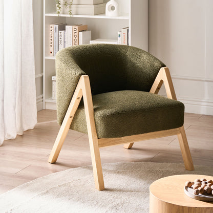Modern Armchair Dark Green Boucle Fabric With Wooden Legs
