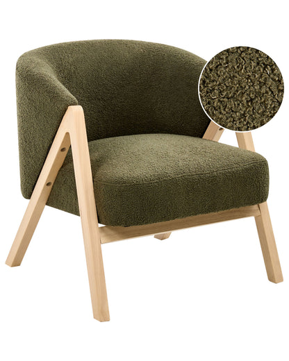 Modern Armchair Dark Green Boucle Fabric With Wooden Legs