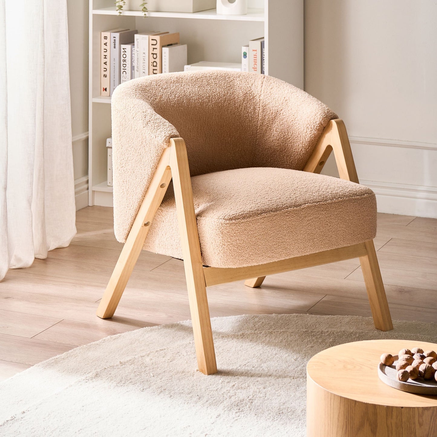 Armchair Beige Boucl? Fabric Accent Chair With Wooden Legs