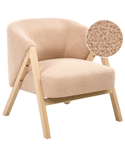 Armchair Beige Boucl? Fabric Accent Chair With Wooden Legs