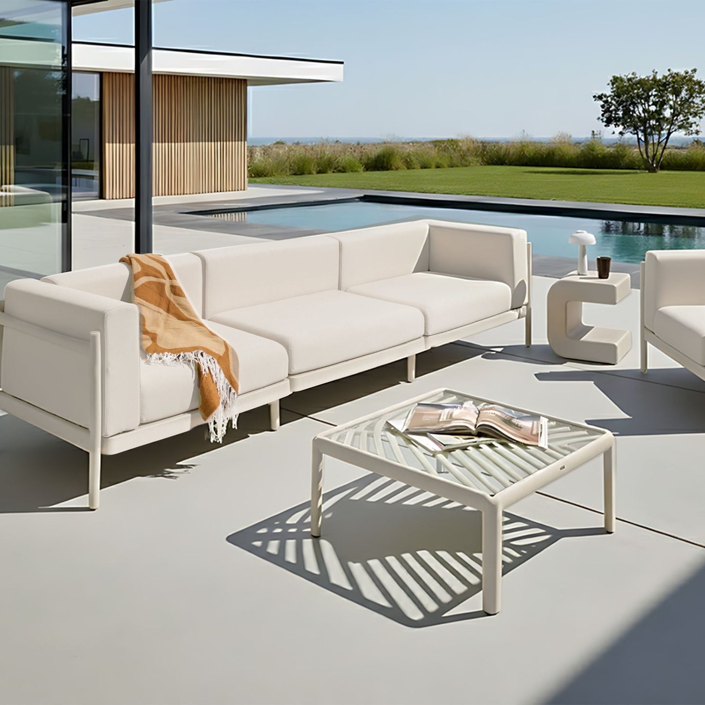 Outdoor Garden Sofa Extension Module Light Beige Synthetic Frame With Cushions Modern Armless Design