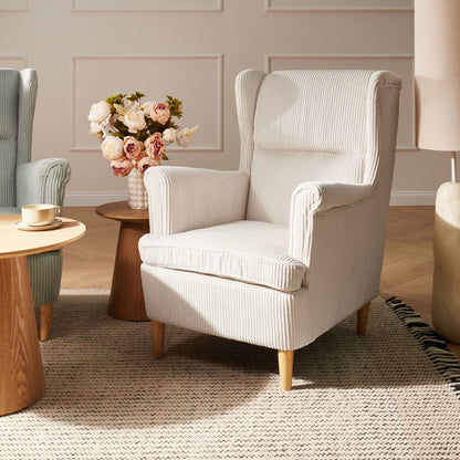 Wingback Chair Corduroy Beige High Back Wood Legs Traditional Retro Living Room Accent