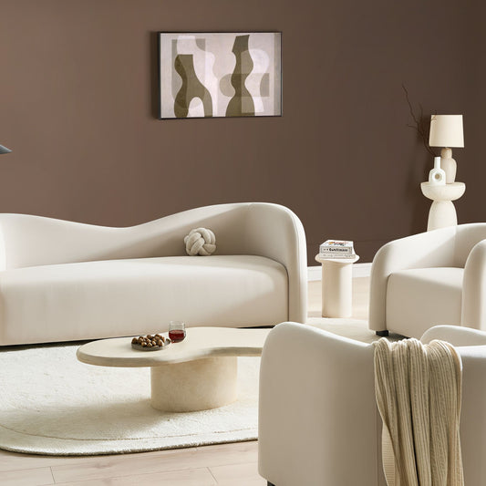 Living Room Set Off White Velvet Upholstered Sofa And Curved Back Armchairs Modern