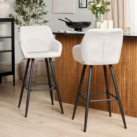 Velvet Bar Stool Set Off White With Arms Black Metal Legs