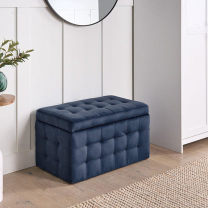 Dark Blue Velvet Tufted Ottoman With Storage Bench for Bedroom Elegant Accent Seating