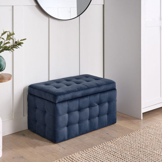 Dark Blue Velvet Tufted Ottoman With Storage Bench for Bedroom Elegant Accent Seating