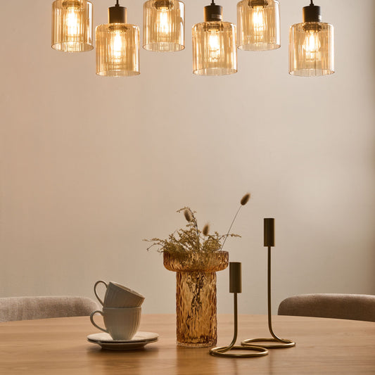 6 Light Pendant Lamp Beige Shades Modern Metal Base