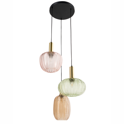 3 Light Pendant Lamp With Multicolour Glass Shades And Metal Base Retro Style