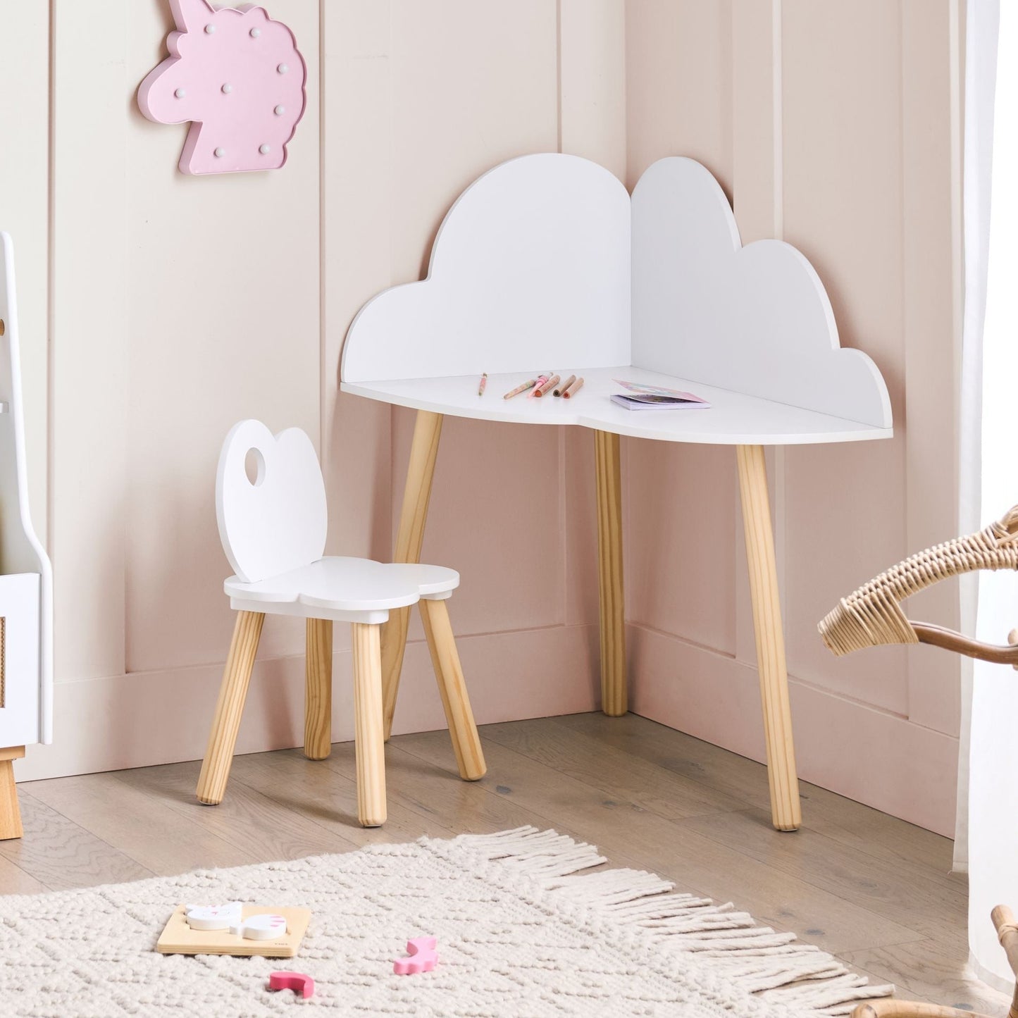 CloudNest White 1 Seater Kids Corner Set With Chair Cloud Pattern