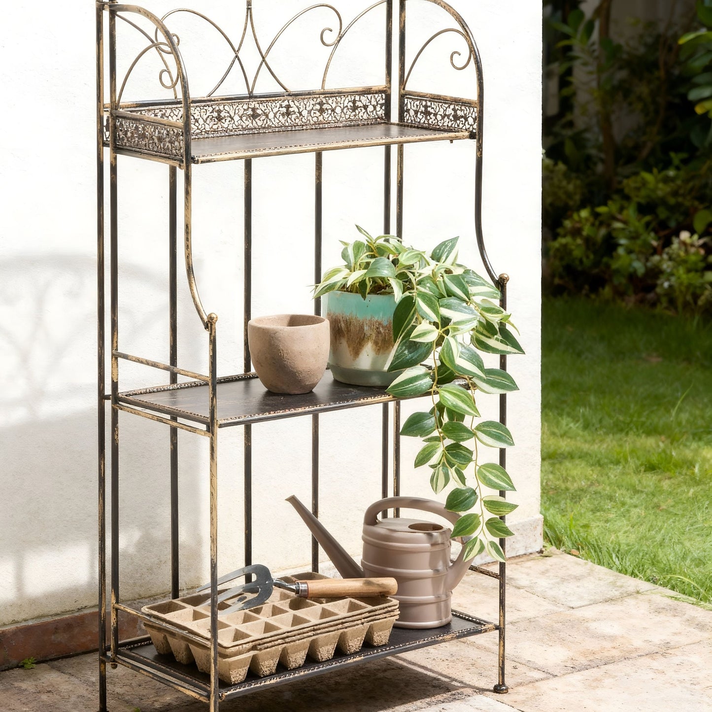 Iron Plant Shelf Black Rustic Freestanding Outdoor