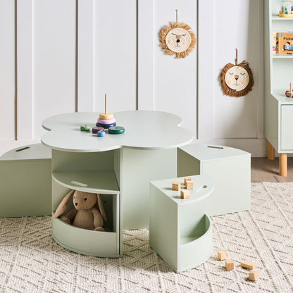 BrightNest 4 Seater Kids Table And Chairs Set Light Green Storage