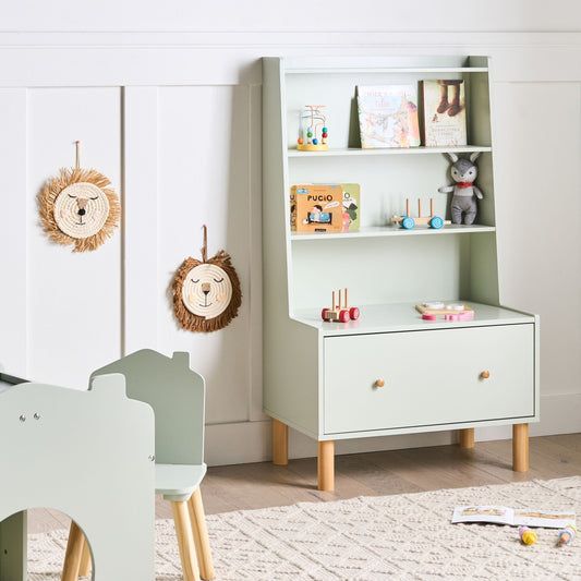 BrightNest 3 Tier Bookshelf Light Green MDF Pine Wood Legs Playroom Storage For Kids