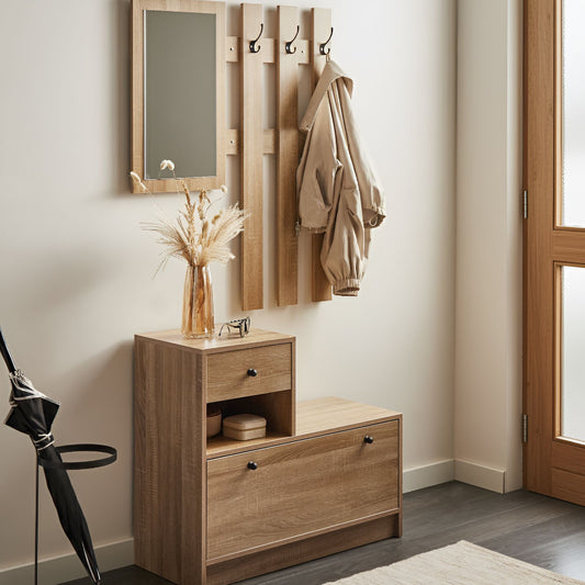Hallway Set Light Brown Chipboard Hall Tree Shoe Cabinet